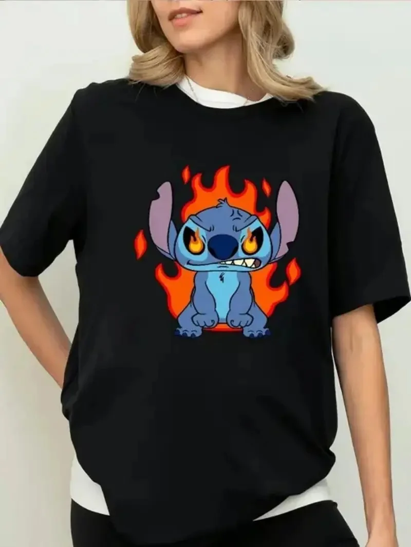 

2025 Disney Pattern Printed Women's Casual Comfortable Unique Smiling Face Black Round Neck Short Sleeve T-shirt
