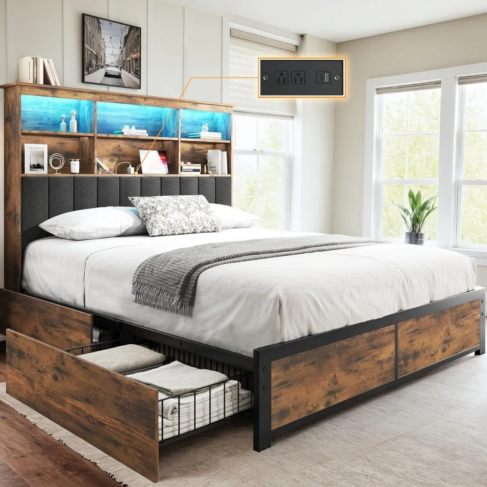 HISOFT Queen Bed Frame with Headboard, Wood Bed Frame with High Storage Bookcase, 4 Storage Drawers & LED & Charging Station,No