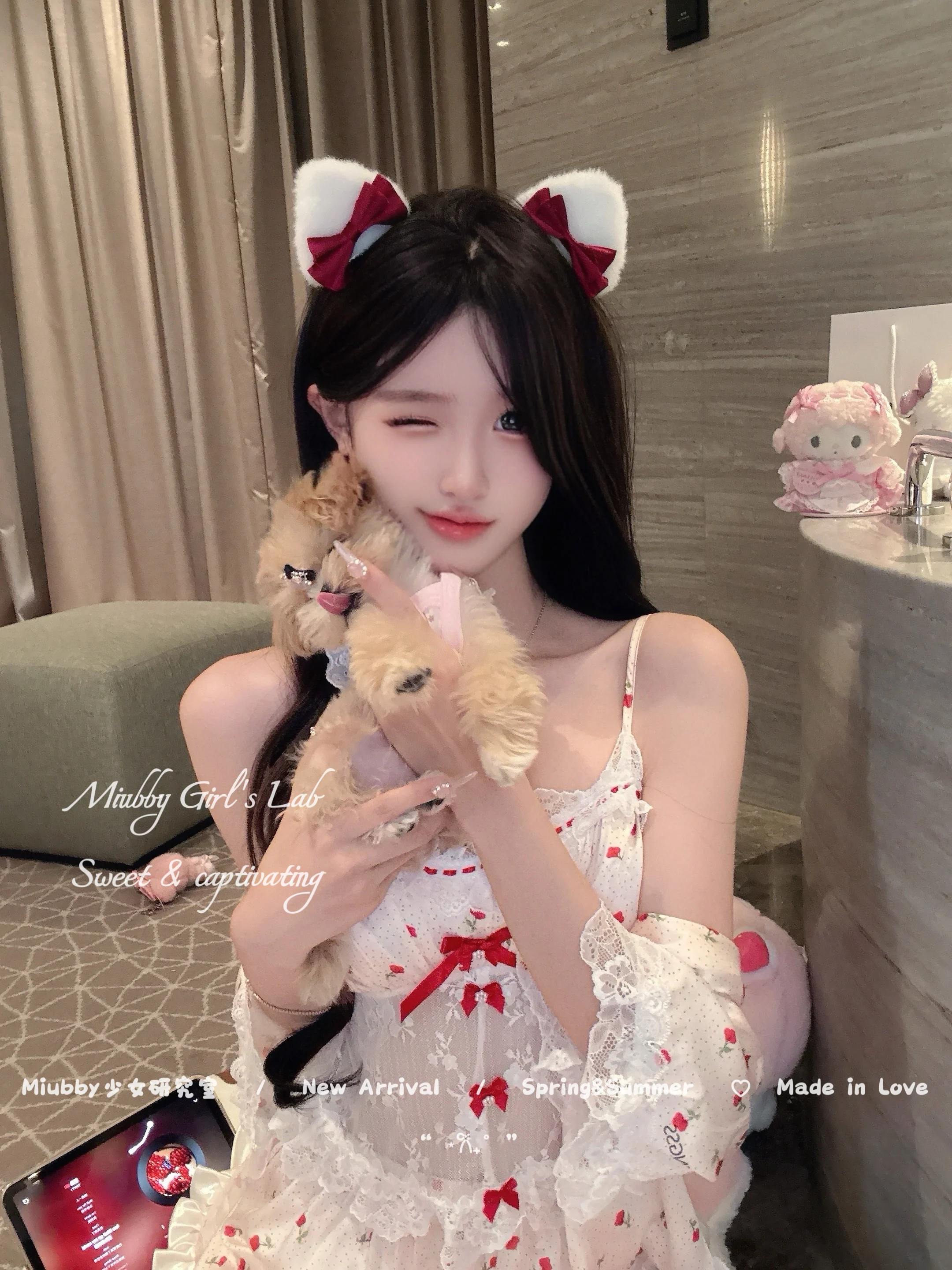 Japanese Original Doll Feeling Sweet Girl Ice Silk Suspender Pajamas Lace Bow Cute Print Sexy Casual Loungewear Set