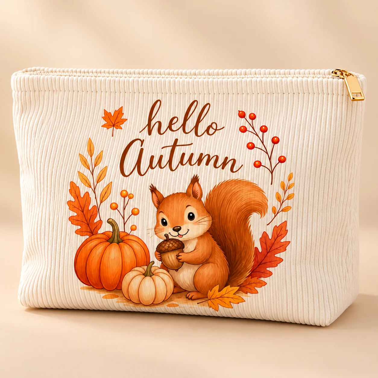 Makeup Bag Corduroy Cosmetic Pouch Squirrel Pumpkin Print Travel Toiletry Organizer Women Storage Bag Cosmetic Case Makeup Pouch