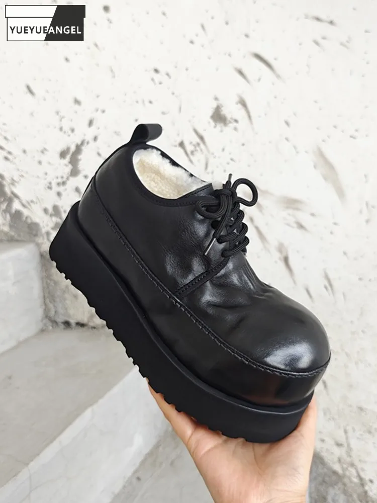 Winter Female Fashion Cowhide Genuine Leather Fleece Round Toe Thick Platform Lace Up Handmade Lady New Retro Pumps Heels Shoes