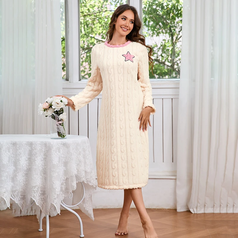 Winter Thicken Flannel Nightgown for Women Jacquard Long Sleeve Round Neck Sleepwear Warm Coral Fleece Nightdress Home Clothes