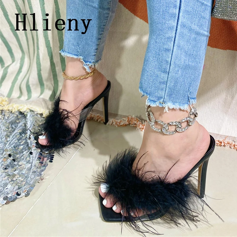 Hlieny Summer Fashion Fluffy Furry Women Slippers Female Gladiator Sandals Party Banquet Mules High Heels Slides Flip Flops Shoe