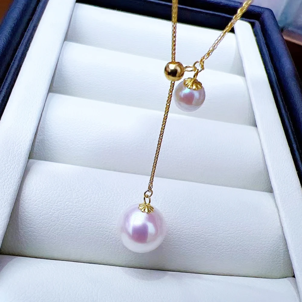 Classic Double Pearl Beads Length Adjustable Y Chain Pendant with 4-5mm and 8-9mm Real Akoya Pearls Women Birthday Chrismas Gift