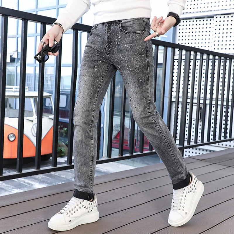 2024new full body rhinestone design fashion jeans men's light luxury high-end fashion elastic slim fit skinny gray trousers