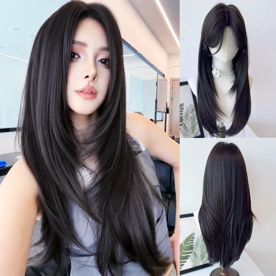Long Straight Layered Wigs Black Brown Synthetic Bangs Wig Cosplay Daily Use Natural Hair Heat Resistant Wig for Women