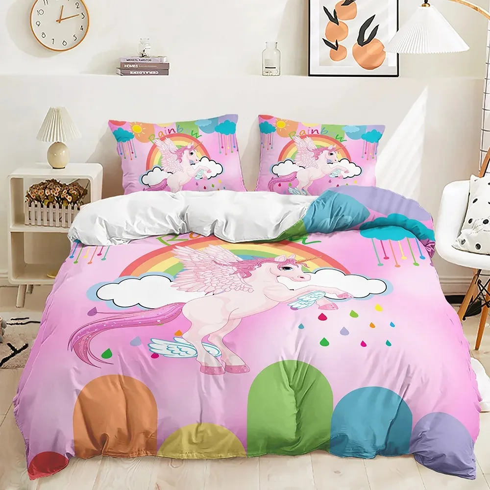 

Cartoon Unicorn Bedding Set King Queen Size Rainbow Unicorns Duvet Cover Set with Pillowcase Polyester Bed Linen for Kids Girls