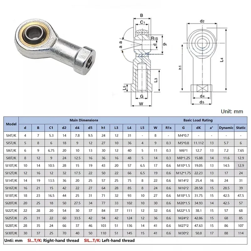 Rod End Spherical Bearings 4/5/6/8/10/12/14/16/18/20/25mm/Male/Female SA/SI POS PHS Ball Joint Metric Threaded Rod End Bearing