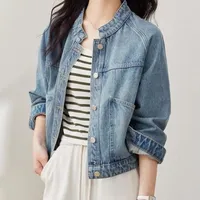 Bomber Denim Jacket for Women Plain Studded Stand Collar Cowboy Coat Woman Spring Autumn on Sale 2025 Trend Korean Outer Vintage