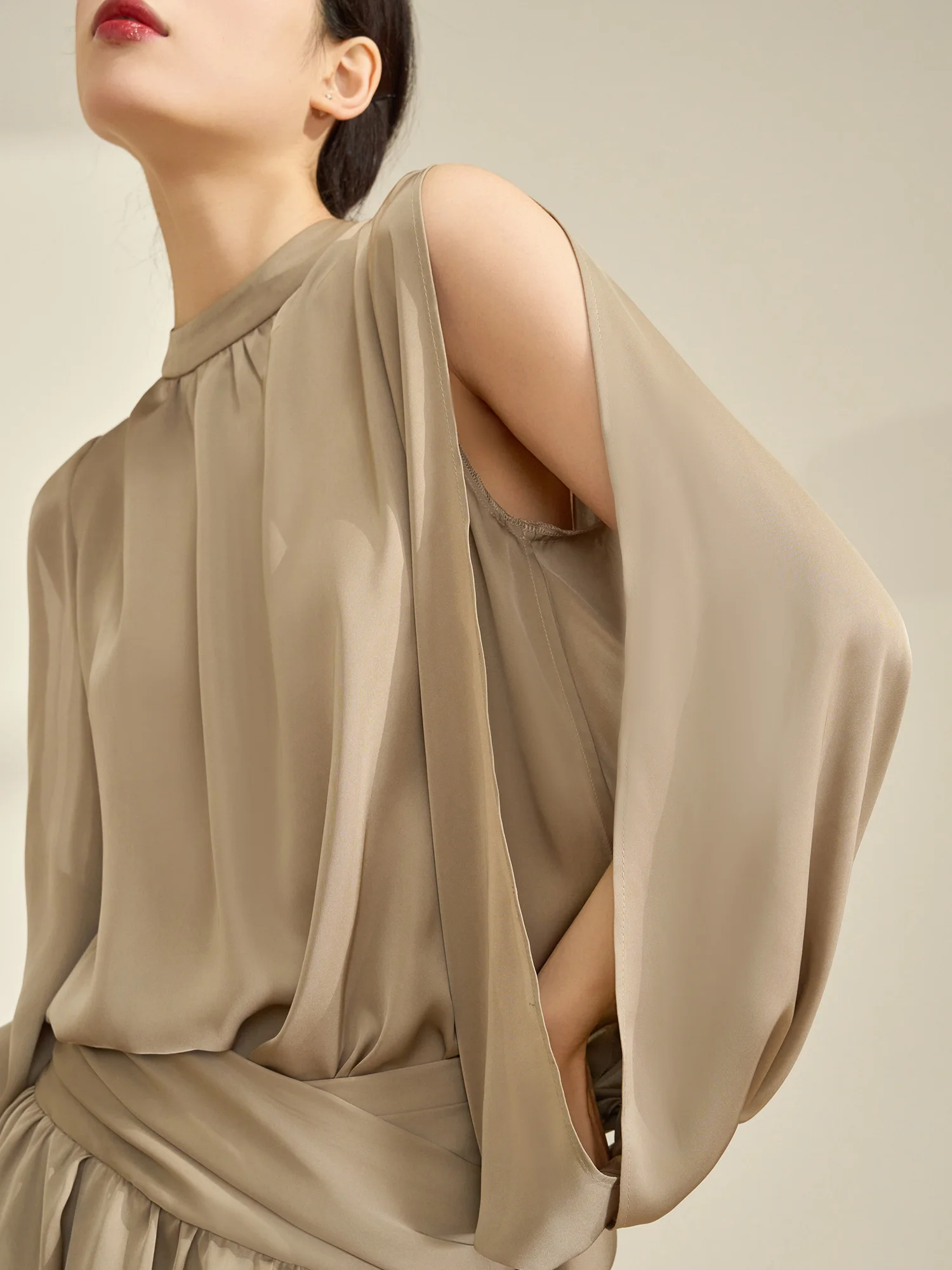 

Khaki Asymmetrical Lantern Sve Top And Skirt Set Women's Faion Spring New Sle Casual Loose Fit Breathable Mid-Thi