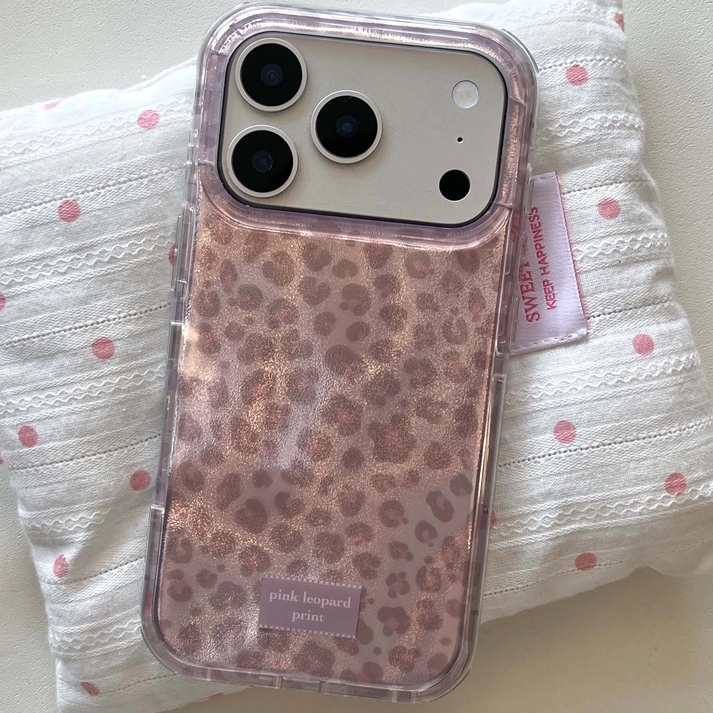 Pink leopard laser shiny imd back cover for iphone 15 16 pro max 13 14 17 promax cartoon shockproof phone case