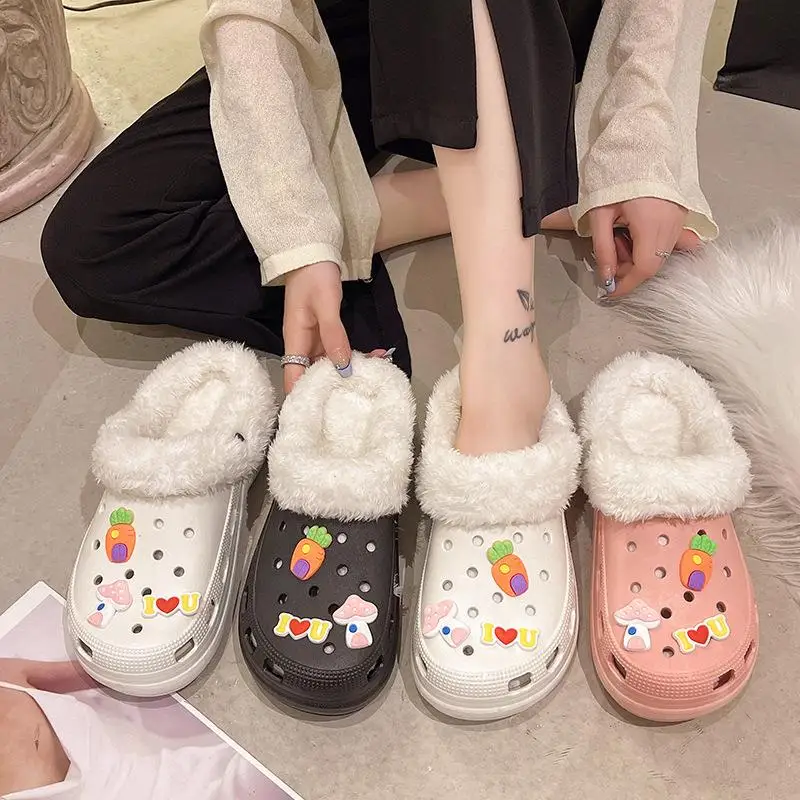 1 Pair Removable Cotton Sleeve For Crocs Slippers Black/White Insoles Inserts Fur Lined Shoes Plush Liner Winter Warm Shoe Cover