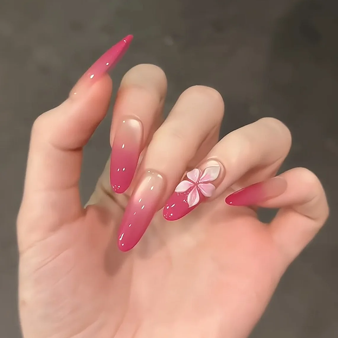 

10pcs Handmade Press on Nails Barbie Pink Rose Red Ice Flower Plumeria Full Coverage Nail Tips for Women&Girl Removable Nail