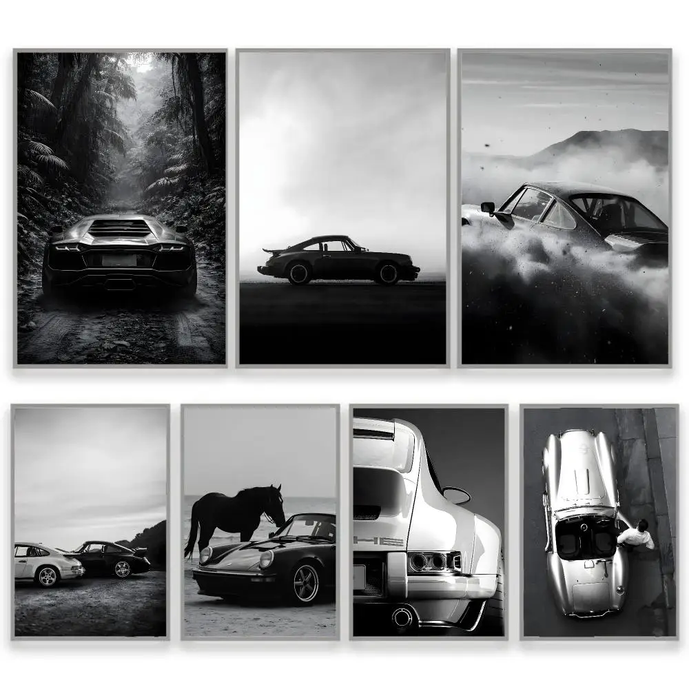 Black White Luxury Sports Car Painting Damage Free Wall Art Rental Friendly Decor Trending Home Decor Poster