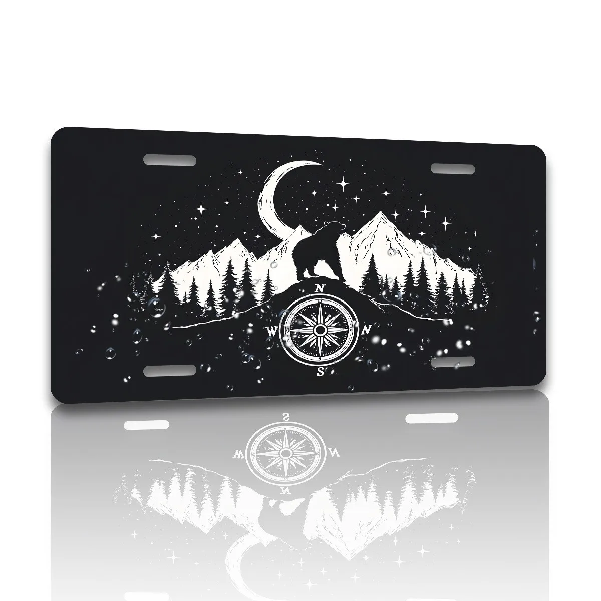

Bear Compass Night Mountains License Plate Cover Rust Resistant Decorative Front Plate Accessory