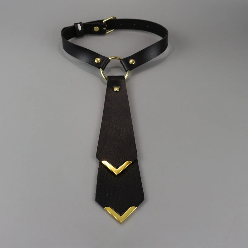 New Black Leather Tie - No Need To Tie, Punk-style Cool Girl Niche Design Bow Accessory Fake Collar Chain