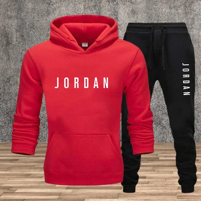

2026 Ladies' Sportswear - Men's Two-Piece Long-Sleeved Sportswear, Solid Color Design, Hooded Sweatshirt, Hooded Sweatshirt + Pa