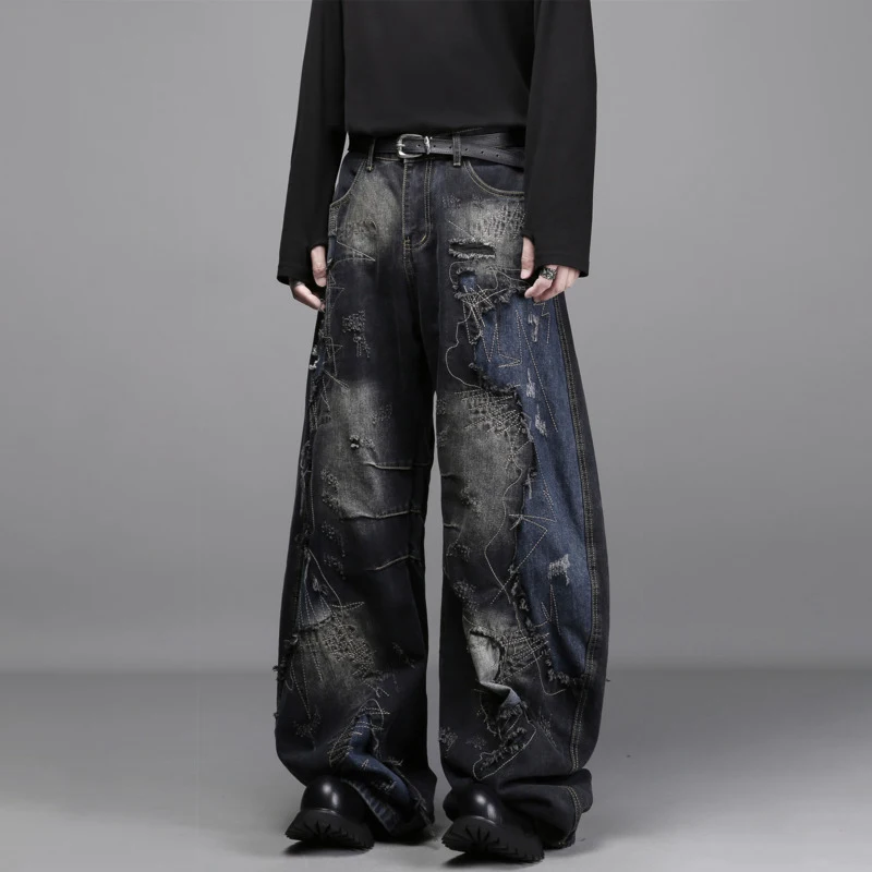HKSH Spring Autumn New Man Tide Heavy Beggar Style Niche Washed Retro Patch Embroidery Spliced Wide Leg Punk Denim Pants HK13986