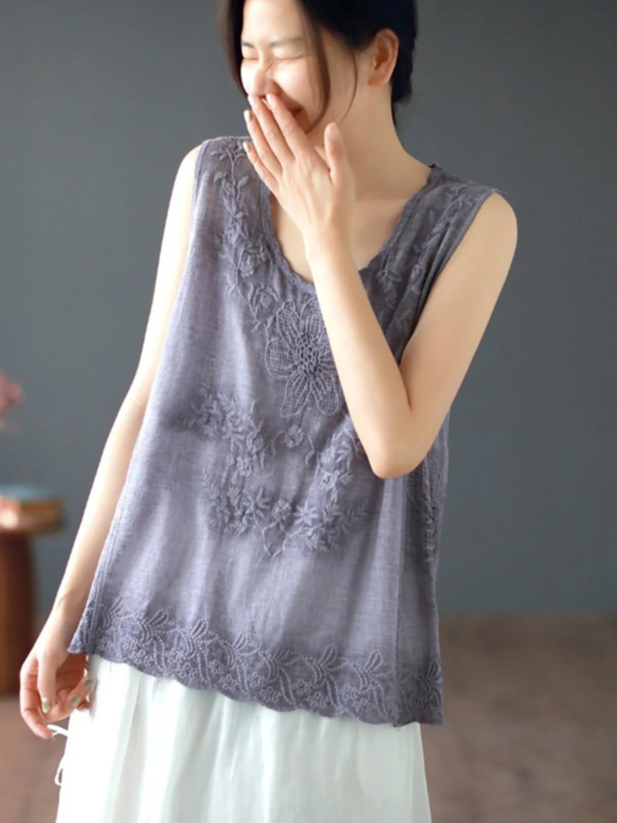 

Retro Lace Embroidery Flax Svel Vest Women's Linen Csole Top Comfortable Breathable Summer Casual Outerwear
