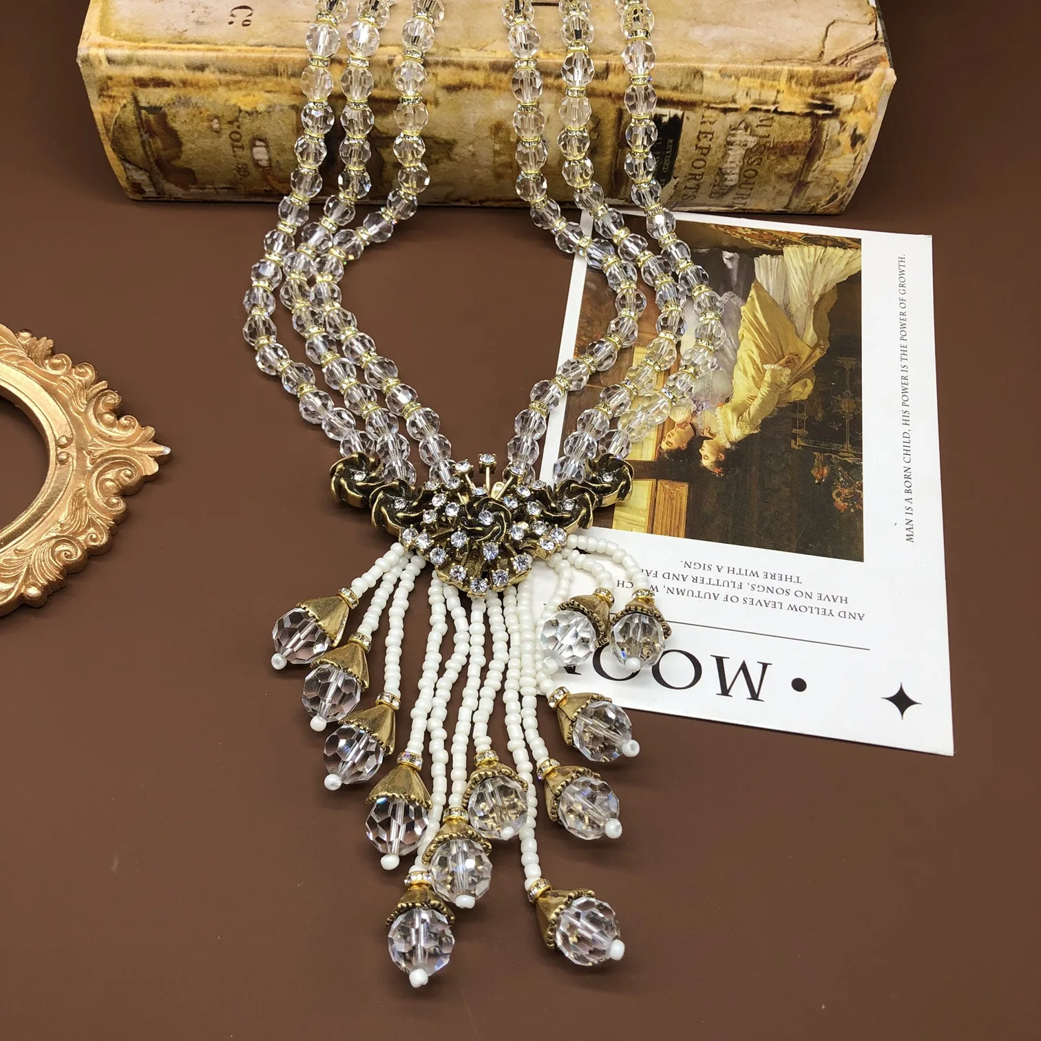 Medieval vintage multi-layer transparent glass bead necklace tassel pendant diamond design versatile necklace