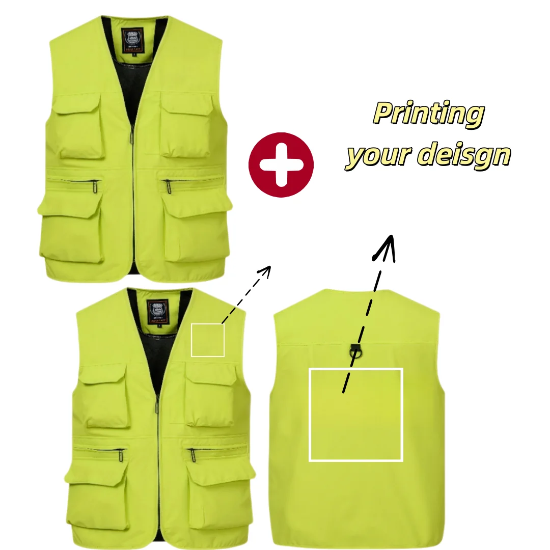 Multi Pocket Work Vest Men Breathable Mesh Lined Sleeveless Photographer Fishing Journalist Vest Outdoor Cargo Vest Printed Logo