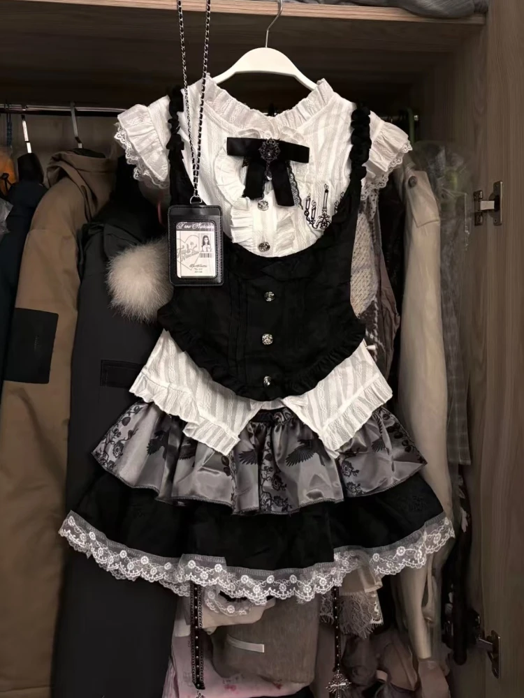 

Тонкий комплект из 3 предметов в готическом стиле в консервативном стиле, женские летние топы без рукавов Y2k Darkly, жилет-кардиган + костюм с короткой юбкой с высокой талией и перекрестной юбкой