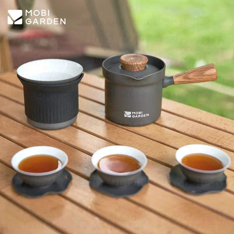 MOBI GARDEN Chinese Tea Set 4 Pieces Outdoor Camping Mug Aluminum Alloy Teacup Portable Storage Teapot Water Cup Kit Tableware