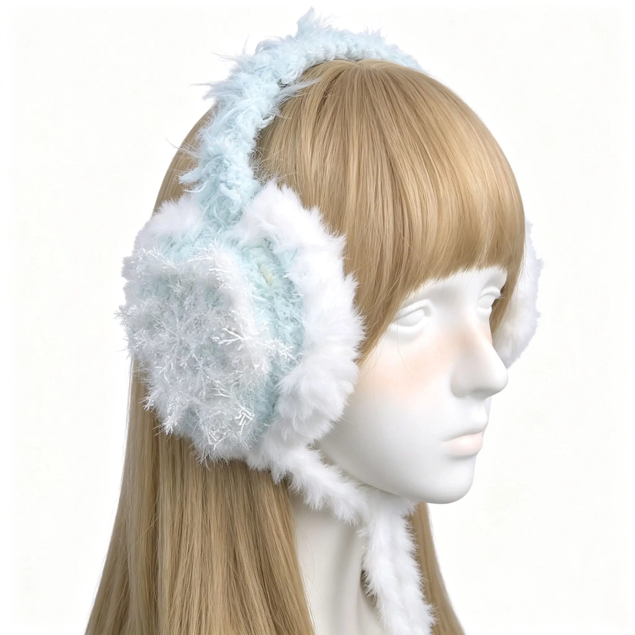 Handmade White Blue Earmuffs Girls Winter Custom Crochet Snowflake Knit Ear Cover Warmer Women Casual Kawaii Lolita Accessory