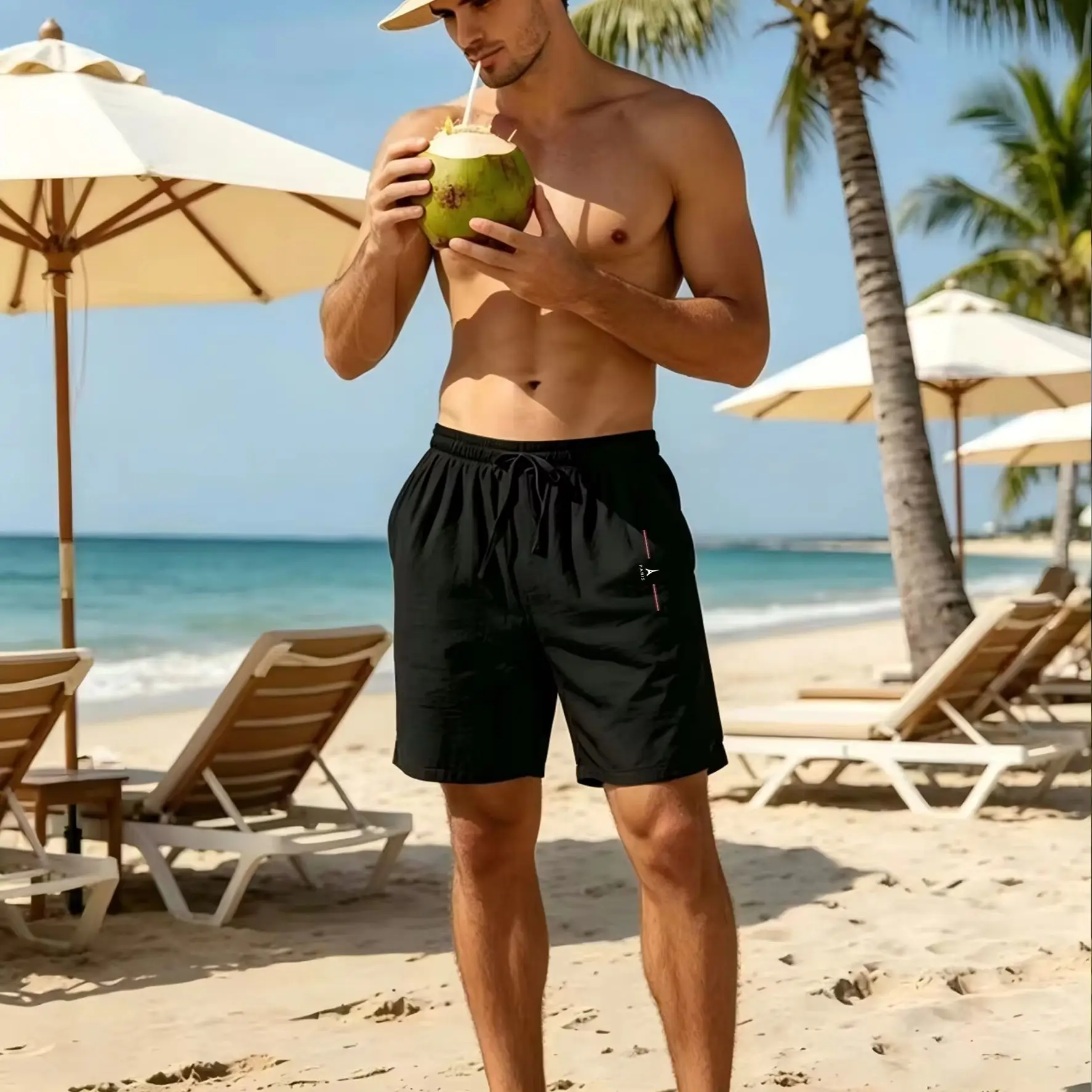 2026 Men's cotton summer paris shorts with drawstring for breathability suitable for beach, casual, commuting and leisure wear.
