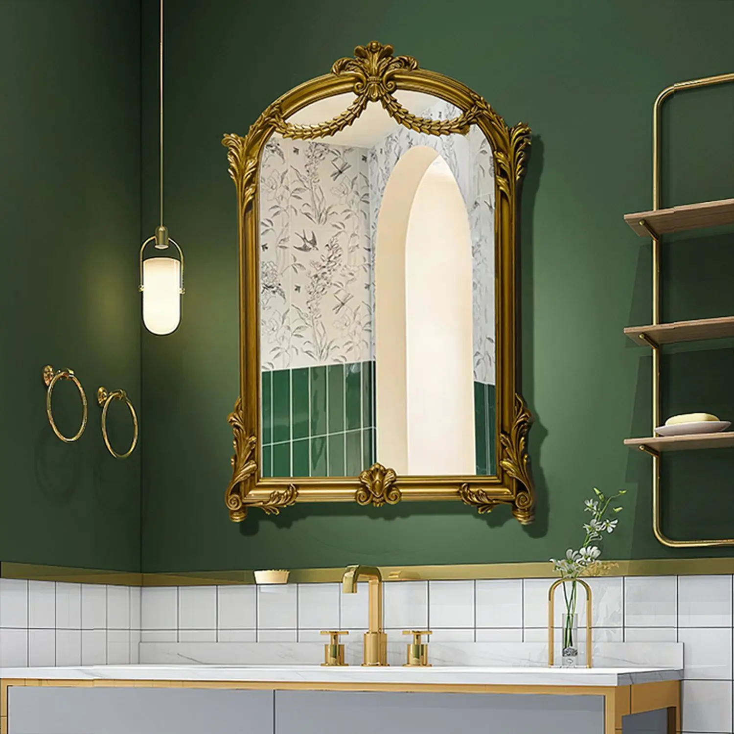 New French Vintage Bathroom Carved Art Picture Frame Decorative Mirror Dresser Makeup Mirror Bathroom Mirror