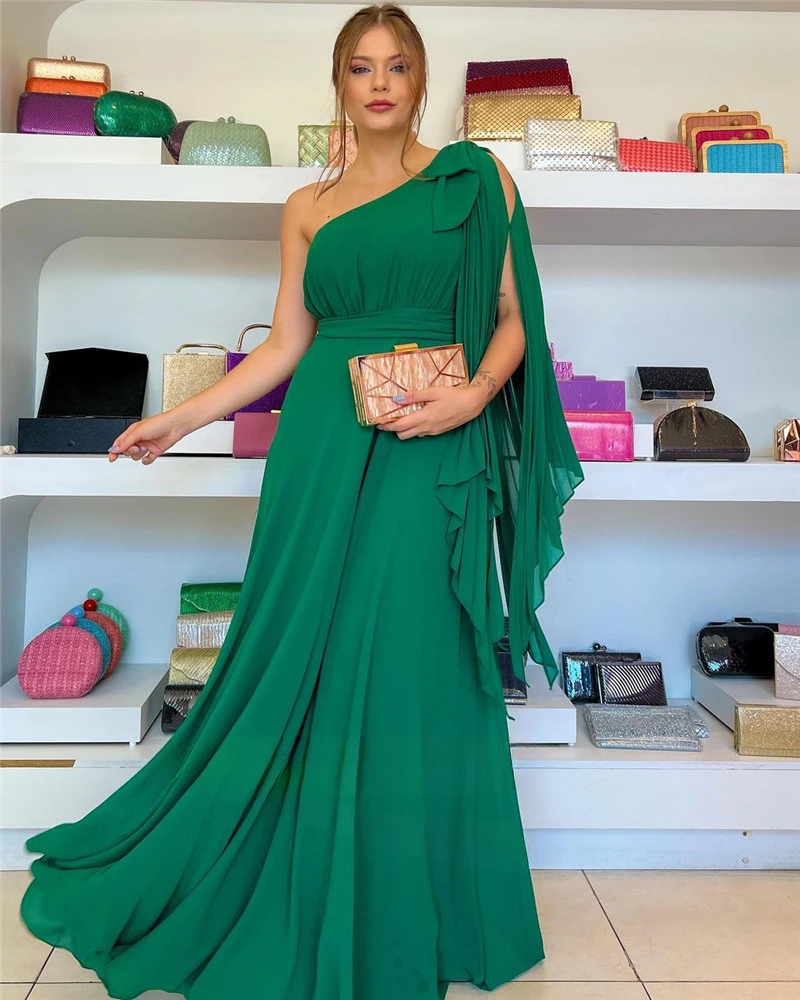 Abiti da ballo maniche a mantella donne arabe Plsu Size Event Party una spalla Chiffon verde abiti da sera per occasioni formali