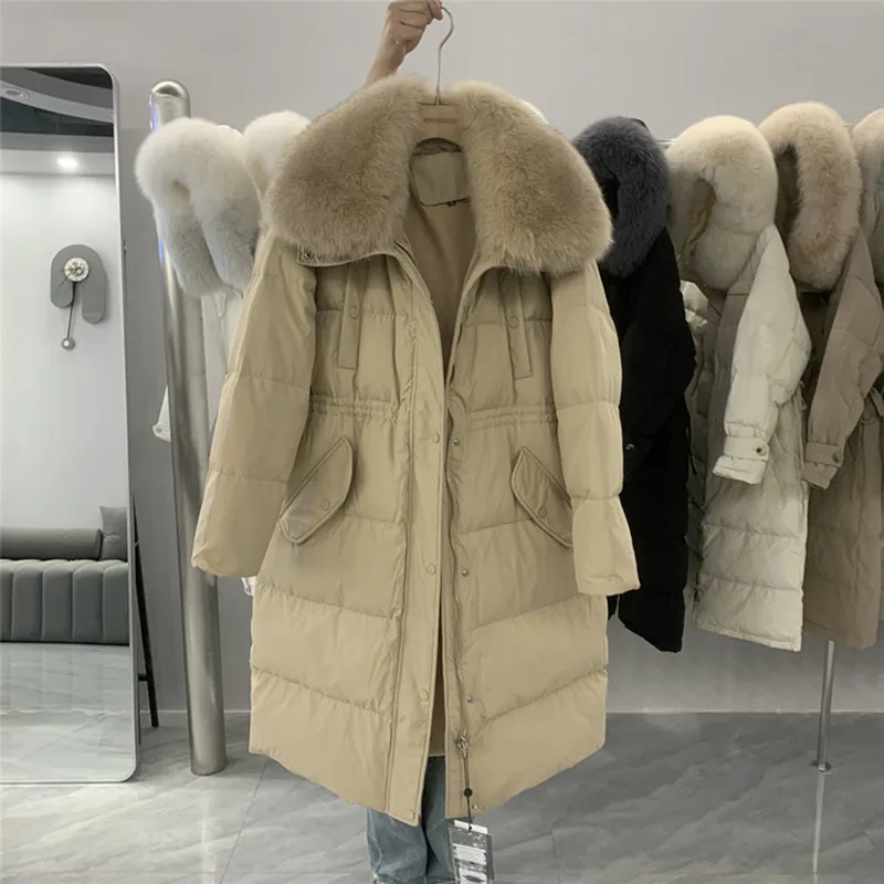 Korean Fashion Overcoat Big Fox Fur Collar Lapel Waist 90 White Duck Down Mid-length Women\'s Winter Puffer Down Jacket Coats