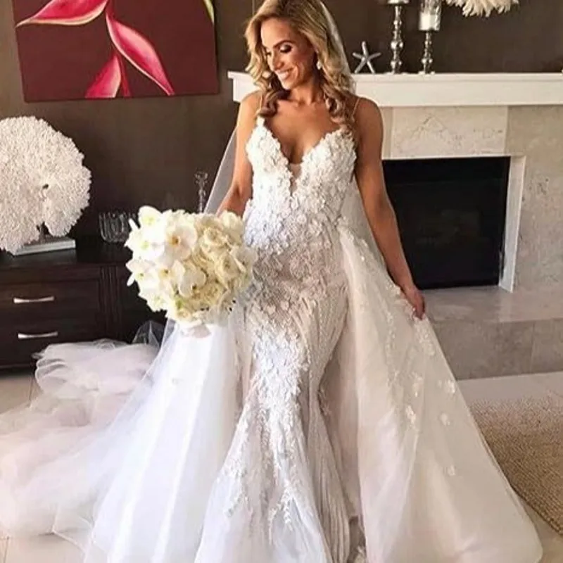 

Luxury Mermaid Wedding Dresses 2025 Detachable Train V-neck 3D Flowers Princess Church Bride Gowns Vestidos De Novia Customized