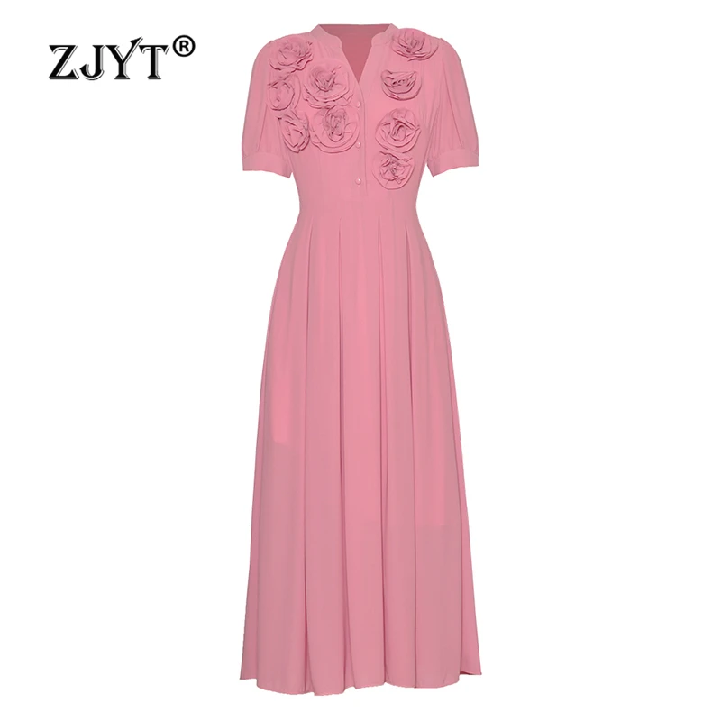 

ZJYT Europe Fashion 3D Applique Floral Long Dresses for Women Summer 2024 Designer Short Sleeve Pink Sweet Party Dress Elegant