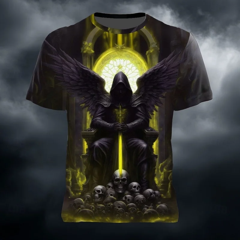 

3D Printed Skeleton Sword T Shirt For Men Cool Wings Pattern T-Shirts Summer Fashion Round Neck Loose Tops Short Sleeve Tees