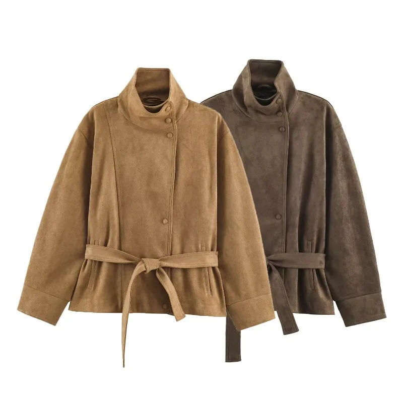 YLT Womens Fall Winter New Fashion Casual Stand Collar Belted Suede Effect Jacket Coat Outerwear Trendy Chic Warm Elegant Classy