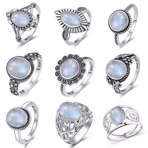 Vintage 925 Silver Ring Natural Moonstone Flower Ring 925 Hollow Eye Shape Round Sun And Moon Ring Fine Jewelry for Women Men