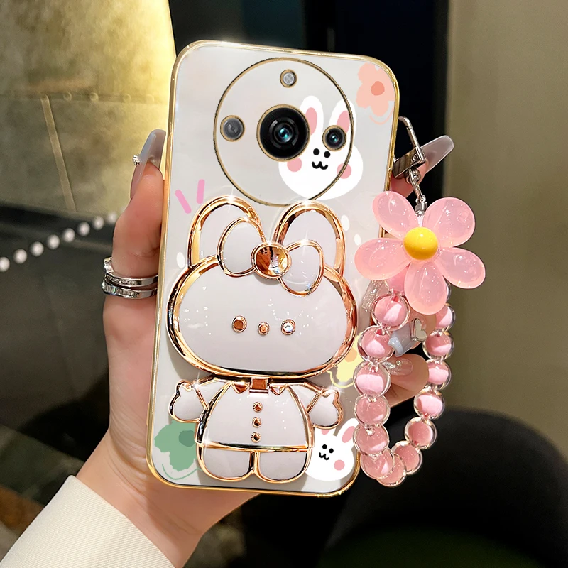 For Realme11 Flower Strap Rabbit Makeup Mirror Phone Holder Case On For Oppo Realme 11 Pro Plus + Narzo 60 Pro Girl Woman Cover