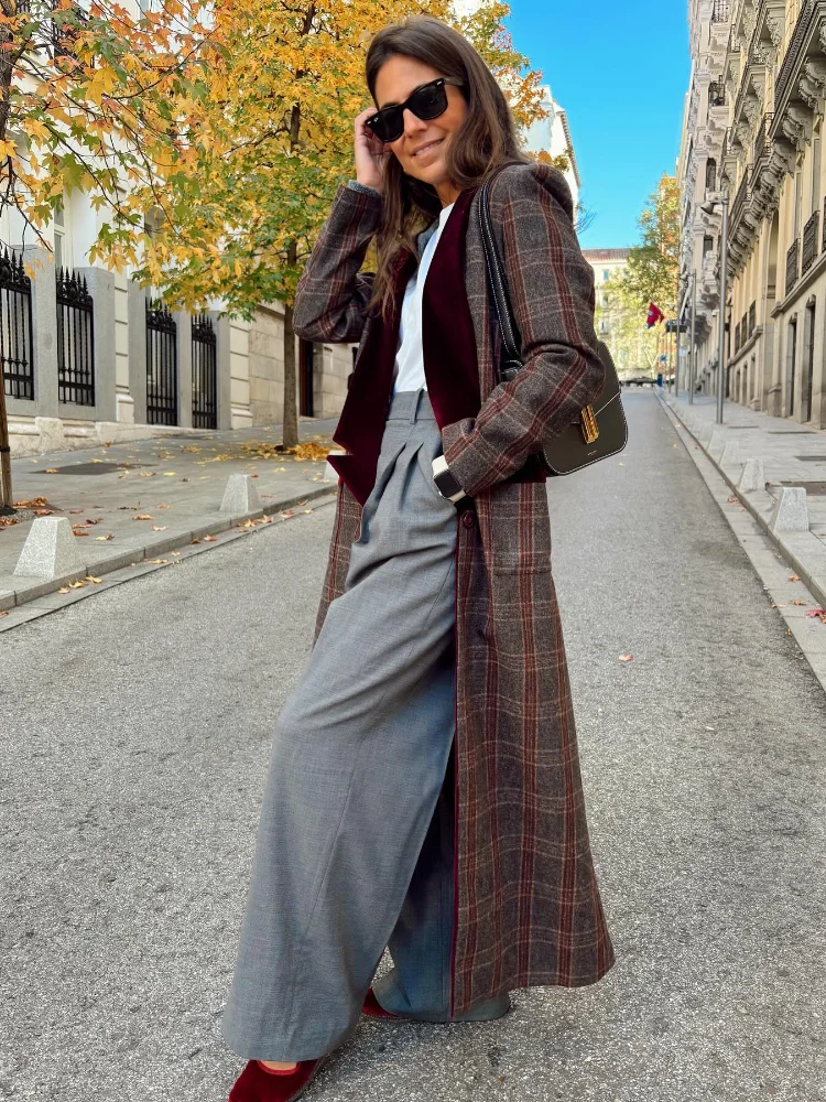 Fashion Colorful Plaid Print Woolen Overcoats For Women Patchwork Turn-down Collar Slim Fits Long Coats 2024 New High Streetwear