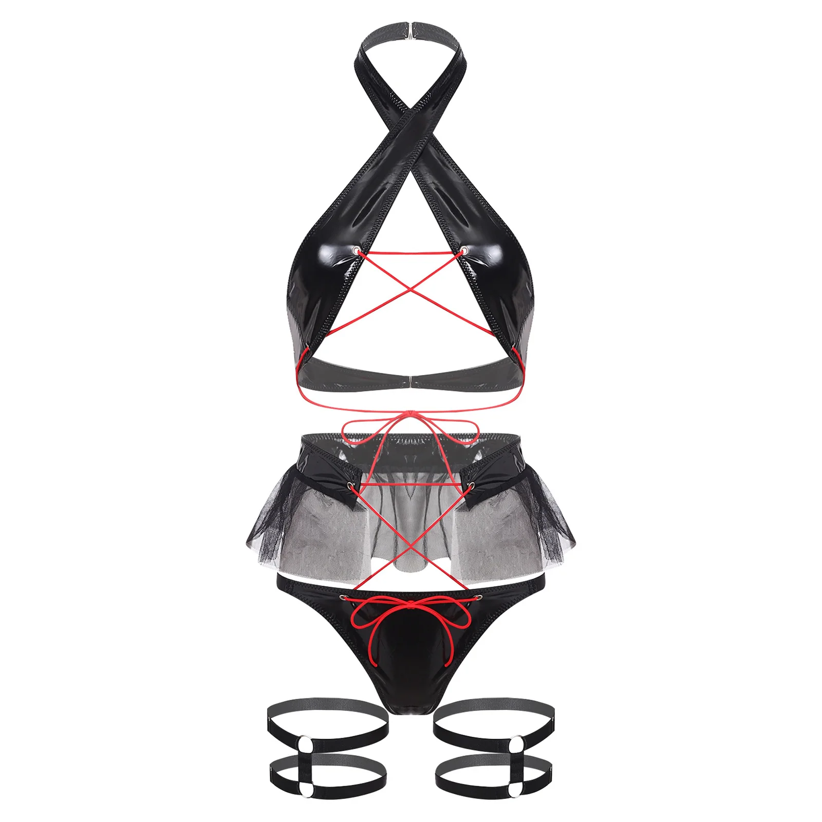 

Womens Wet Look Sexy Lingerie Set Halter Backless Wireless Bra Top Mini Briefs with Ruffled Tulle Trim Miniskirt And Thigh Bands