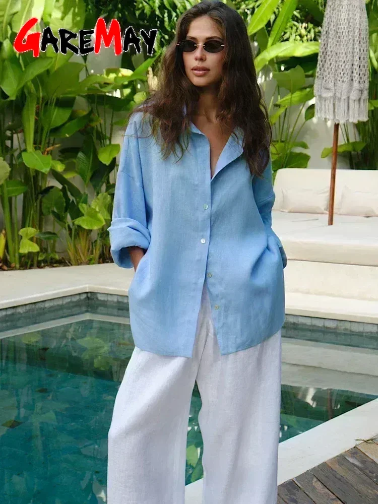 White Women's Linen Shirt Long Sleeve Elegant Pink Oversize Blouse Vintage Spring Basic Top Collar Cotton Linen Shirt for Women 4