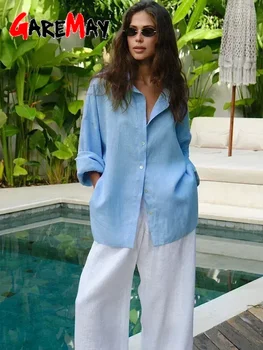 White Women's Linen Shirt Long Sleeve Elegant Pink Oversize Blouse Vintage Spring Basic Top Collar Cotton Linen Shirt for Women 4