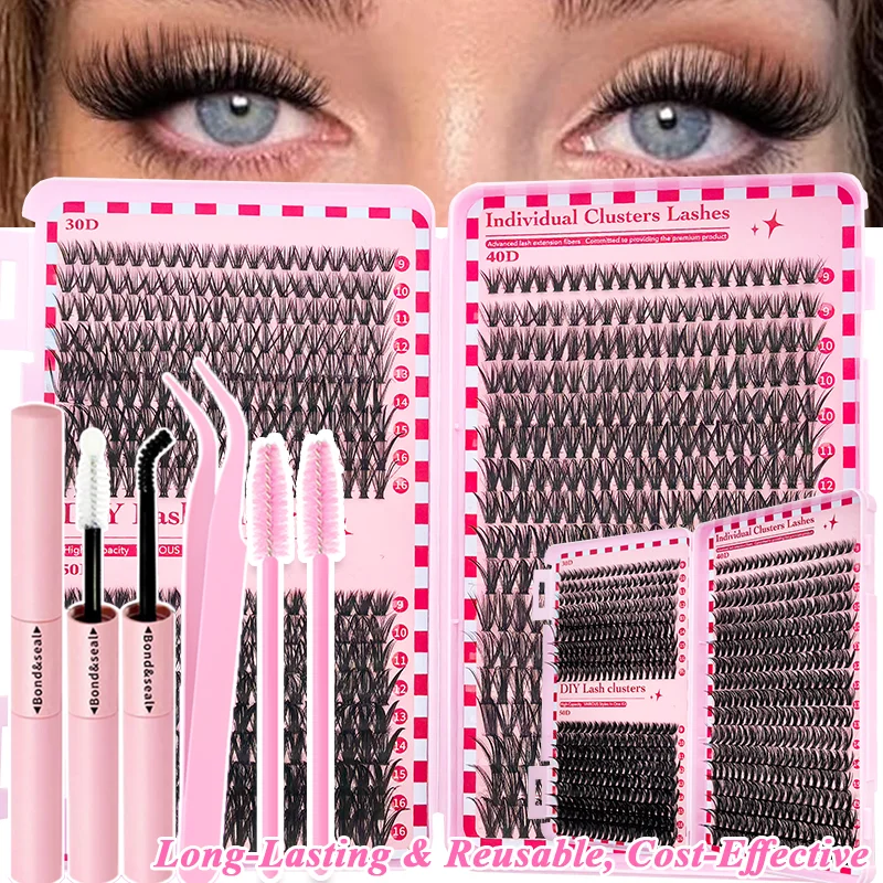 DIY Wimpernbüschel-Set 30D+40D Einzelne Wimpernbüschel Langanhaltende Wiederverwendbare Wimpern für Anfänger
