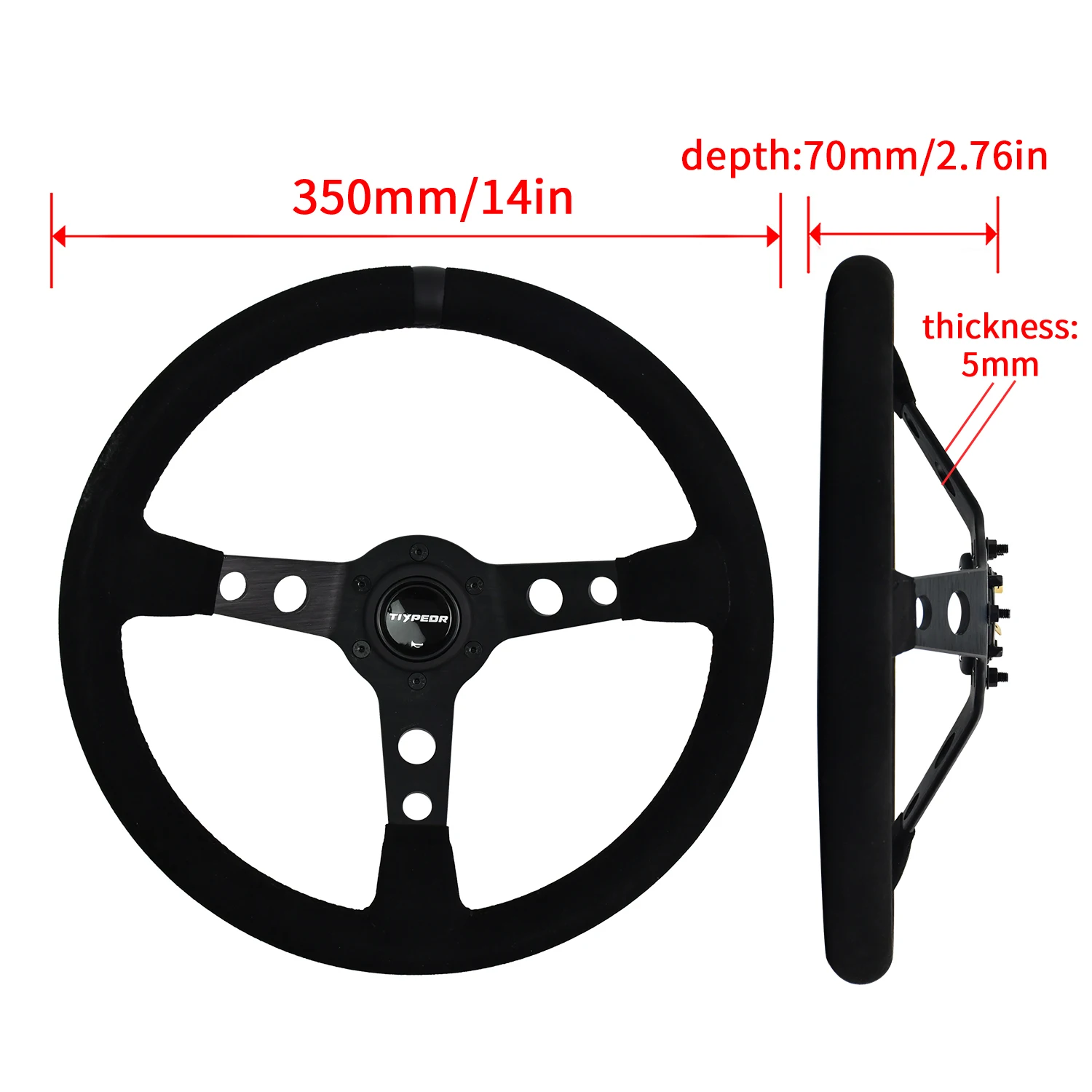 2026 New TIYPEOR Black Version Suede Alcantara Steering Wheel with 72mm Center Depression Depth Diameter 14inch