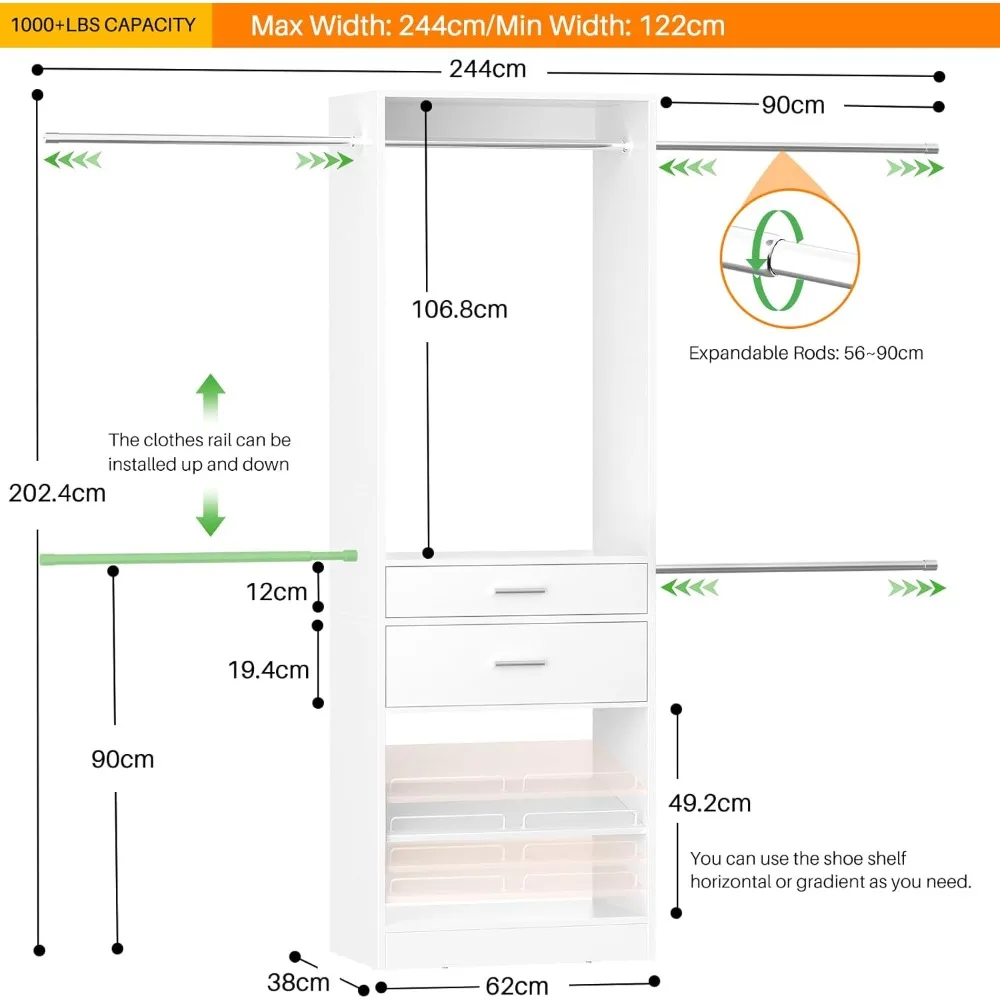 نظام تنظيم الخزانة الخشبية بطول 8 أقدام مع أدراج ورف أحذية قابل للتعديل و3 قضبان تعليق لـ 96 خزانة مشي #6