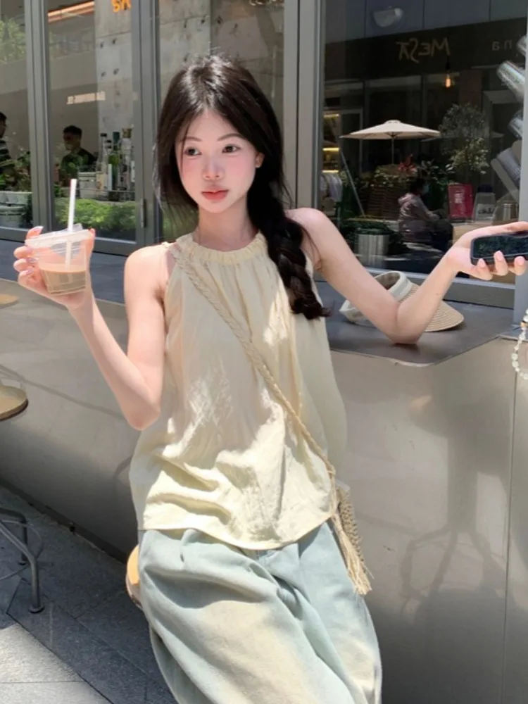 Giallo rotondo Ne Svel appeso Ne irt Design estivo da donna Dolce giovane bambola Top Vestibilità ampia Casual Confortevole