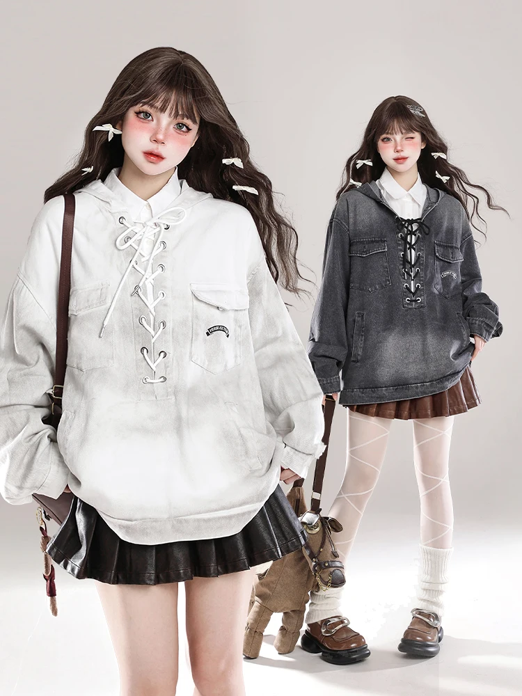 Retro American Denim Hoodie Jacket Women Early Autumn New Design Sense Belt Loose Overhead Long Sleeve Top Cotton Inner