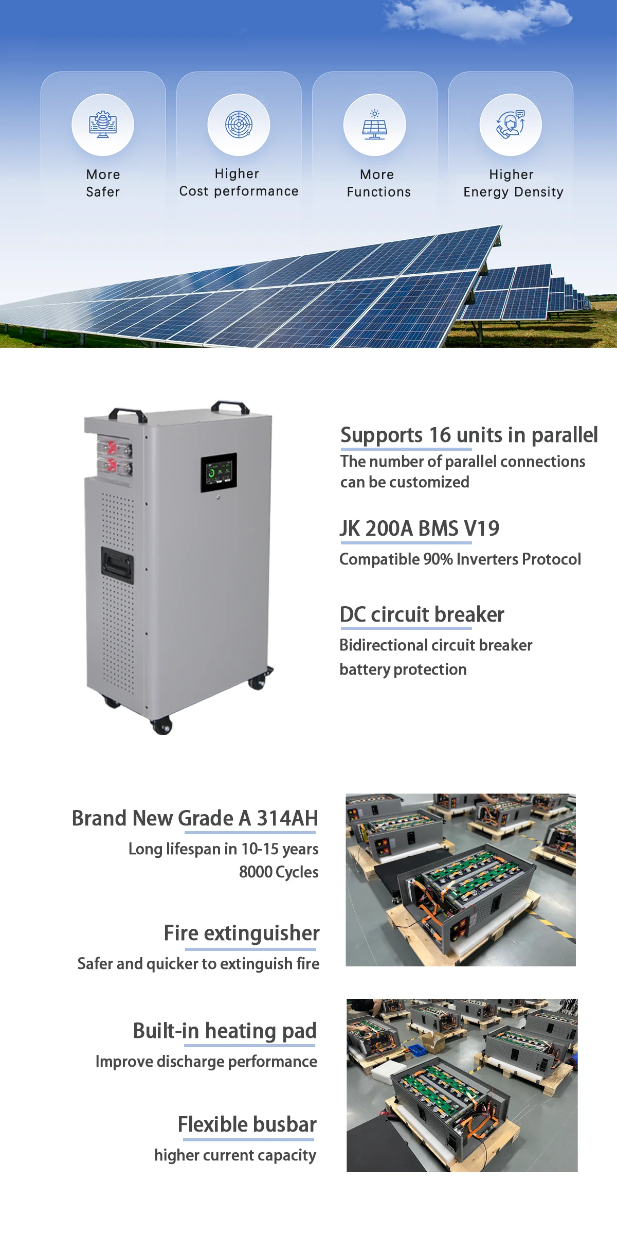 YIXIANG الاتحاد الأوروبي الأسهم صندوق بطارية عمودي حزمة 51.2 فولت 48 فولت 16kwh 314AH بطارية ليثيوم مع JK 200A BMS V19 لتخزين الطاقة الشمسية