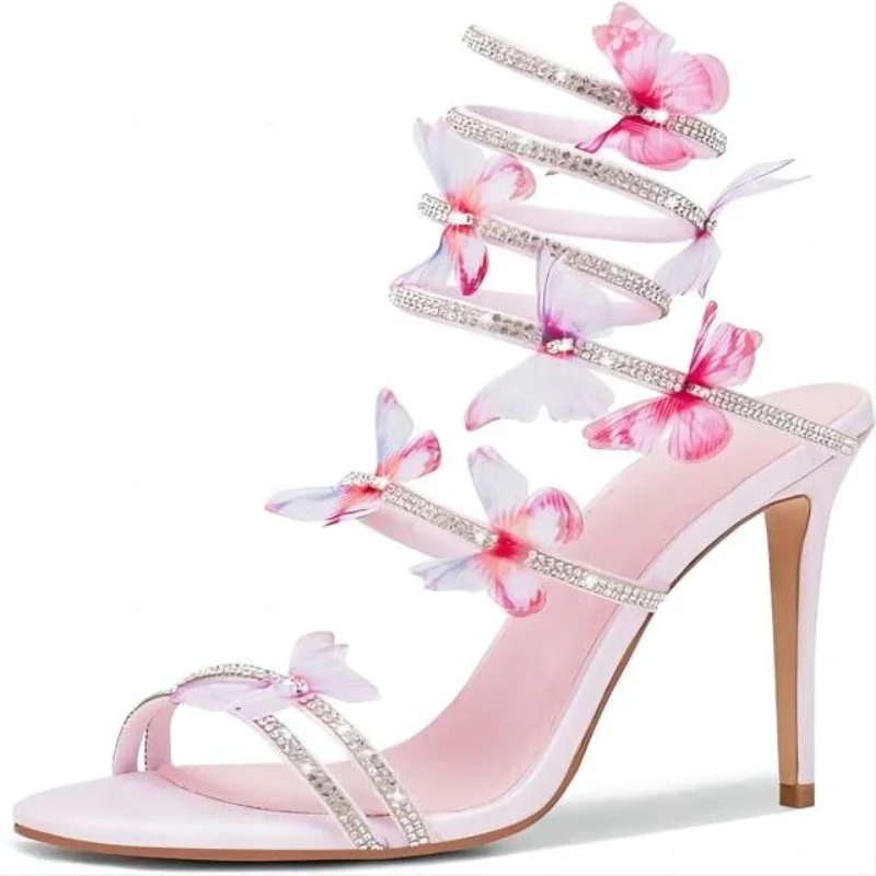 

Butterfly Rhinestone Flower Sandals Pink Stiletto Fashionable Versatile Super High Heels Sexy Party Women Shoes Sandalias Mujer