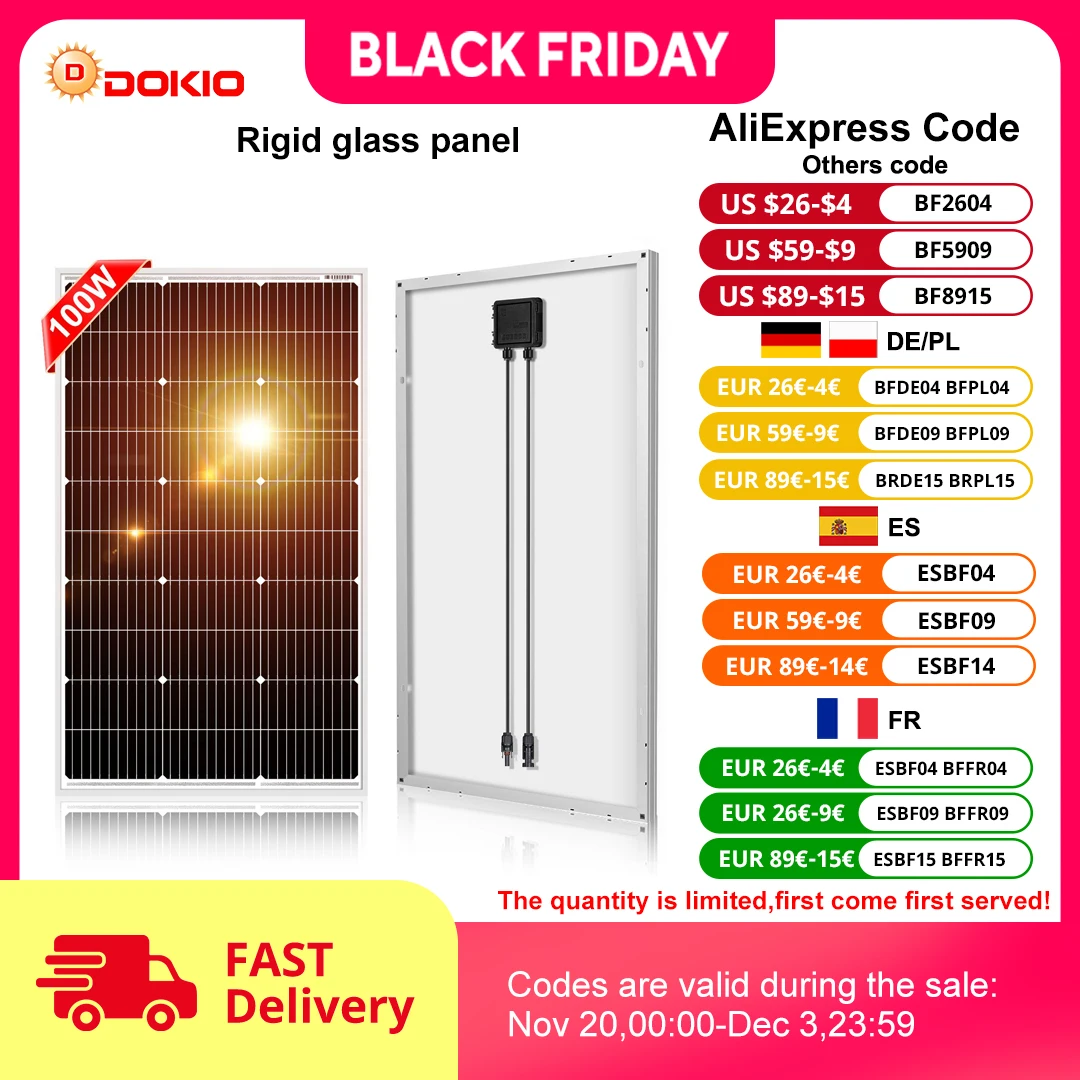 DOKIO 18V 100วัตต์แข็งแผงโซล่าจีน18V Monocrystalline Silicon กันน้ำแผงโซล่าชาร์จ12V # DSP-100M Camping/Home/RV